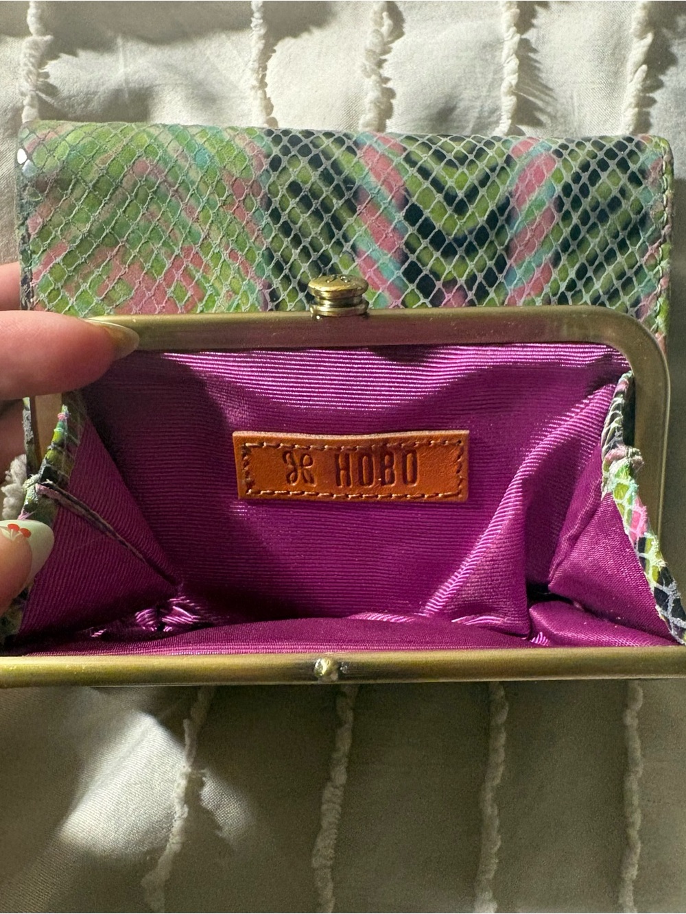 HOBO Robin Compact Wallet Mosaic Snake Embossed Leather Kiss Lock EUC $138